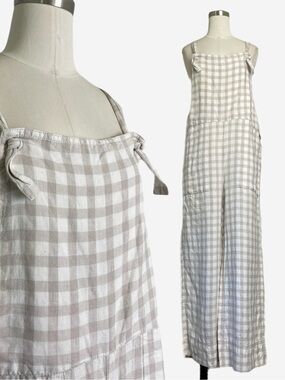 Lou & Grey Tan white Gingham 100% Linen Overalls tie strap wide leg cropped XS